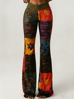Boho Patchwork Flared leggings Pants in Orange  & Green NEW Womens sz XL